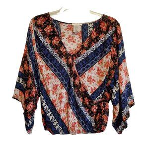 INTU Floral Mix Print Faux Wrap Boho Peasant Blouse‎